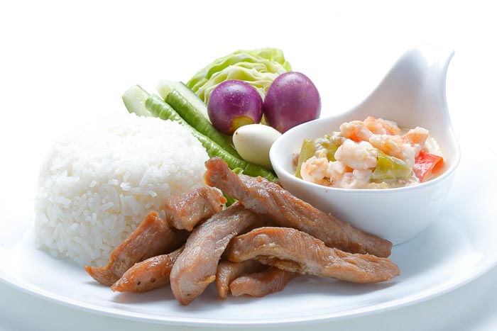 Rice w/ Preserved Soy Bean/Shrimp in Coconut Dip & Salty Fried Pork